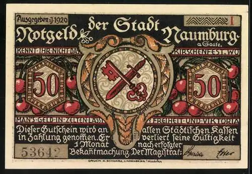 Notgeld Naumburg 1920, 50 Pfennig, Silhouettenmotiv mit Riese und Kind, Wappen mit Schlüsseln, Nr. 53642