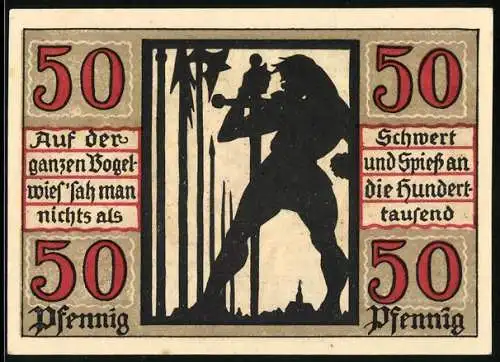 Notgeld Naumburg 1920, 50 Pfennig, Silhouette mit Schwert und Kirschenfest-Motiv, Seriennummer 53642, Stadtwappen