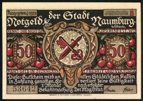 Notgeld Naumburg 1920, 50 Pfennig, Silhouette mit Schwert und Kirschenfest-Motiv, Seriennummer 53642, Stadtwappen