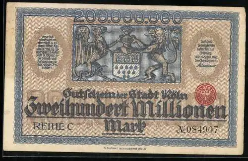 Notgeld Köln 1923, 200 Millionen Mark, Wappen mit Löwen und Adler, Seriennummer 084907