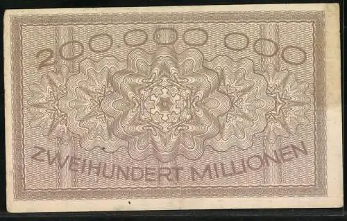 Notgeld Köln 1923, 200 Millionen Mark, Wappen mit Löwen und Adler, Seriennummer 084907