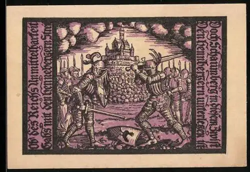 Notgeld Schalkau, 50 Pfennig, Ritterkampf vor Burg und zwei Wappen mit Rittern, Seriennummer 596428