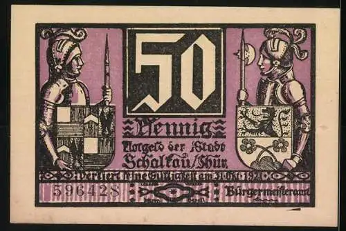 Notgeld Schalkau, 50 Pfennig, Ritterkampf vor Burg und zwei Wappen mit Rittern, Seriennummer 596428