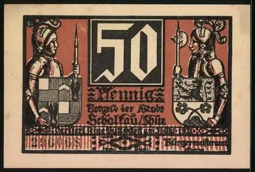 Notgeld Schalkau, 50 Pfennig, Ritter mit Lanze und Schild, Seriennummer, Stadtwappen, 1921
