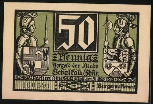 Notgeld Schalkau, 50 Pfennig, Ritter mit Wappen und Burgansicht, Seriennummer 460591