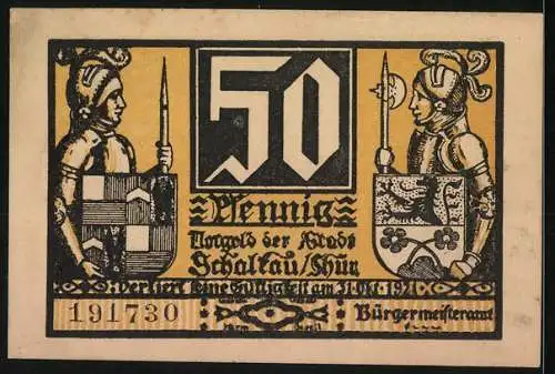 Notgeld Schalkau 1921, 50 Pfennig, Burgmotiv mit Rittern und Wappen, Seriennummer 191730