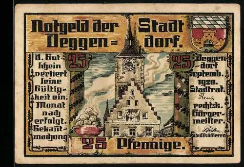 Notgeld Deggendorf 1920, 25 Pfennig, Stadtansicht und Wappen, Seriennummer 118057