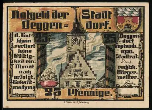 Notgeld Deggendorf 1920, 25 Pfennig, Rathaus und Stadtansicht bei Sonnenuntergang, Seriennummer 014480, Wappen