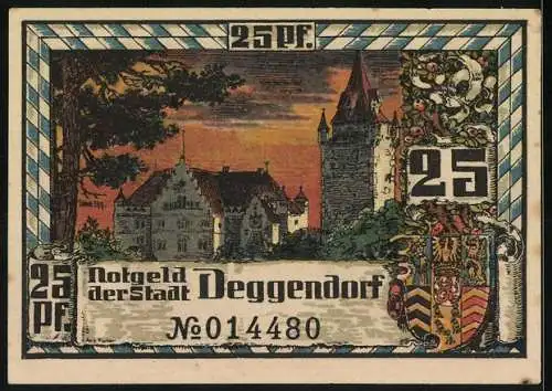 Notgeld Deggendorf 1920, 25 Pfennig, Rathaus und Stadtansicht bei Sonnenuntergang, Seriennummer 014480, Wappen