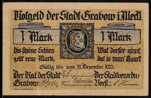 Notgeld Grabow 1922, 1 Mark, Mond und Sterne, Rathaus und Mann mit Fass