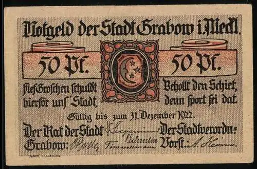 Notgeld Grabow 1921, 50 Pf, Stadtansicht und historischer Soldat, Wappen und Inschrift