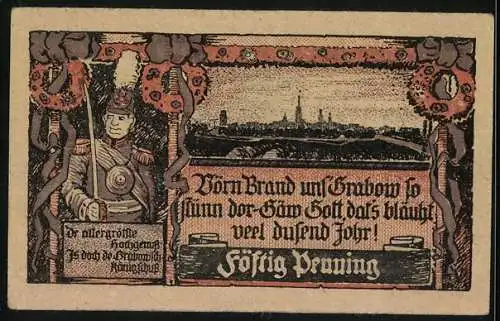 Notgeld Grabow 1921, 50 Pf, Stadtansicht und historischer Soldat, Wappen und Inschrift