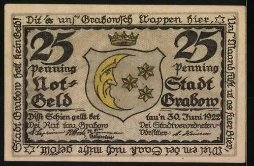 Notgeld Grabow 1922, 25 Pfennig, Bauer auf Heuwagen, Mond und Sterne im Wappen, Seriennummer