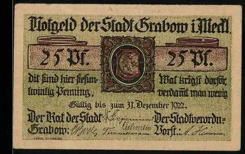 Notgeld Grabow 1922, 25 Pfennig, Stadtansicht mit Hafen und Mann mit Hut, Wappen