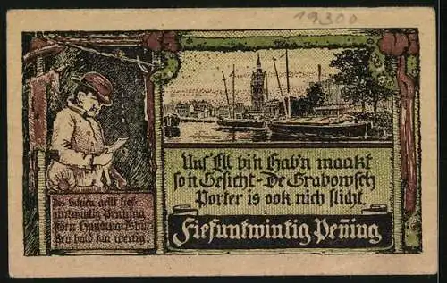 Notgeld Grabow 1922, 25 Pfennig, Stadtansicht mit Hafen und Mann mit Hut, Wappen