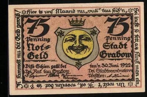 Notgeld Grabow 1922, 75 Pfennig, lächelnder Mond mit Krone, Wappen, Hopfen und Getreide