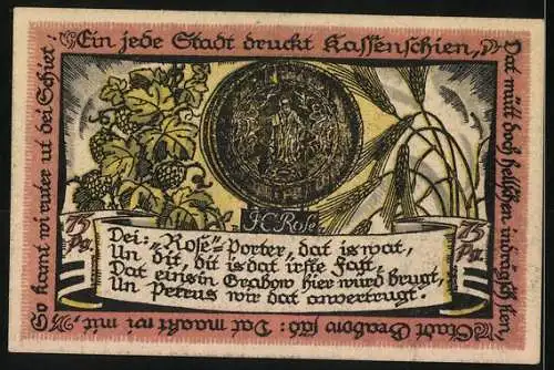 Notgeld Grabow 1922, 75 Pfennig, lächelnder Mond mit Krone, Wappen, Hopfen und Getreide