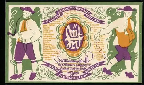 Notgeld Bielefeld 1920, 5 Mark, stilisierte Figuren und Textbanner, dekorativer Schriftzug