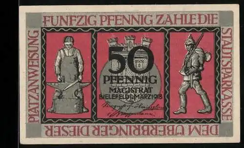 Notgeld Bielefeld 1918, 50 Pfennig, Arbeiter und Soldat, Stadtwappen