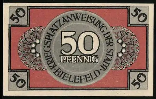 Notgeld Bielefeld 1918, 50 Pfennig, Schmied und Soldat Motiv, Magistratssiegel