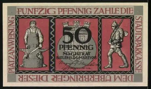 Notgeld Bielefeld 1918, 50 Pfennig, Schmied und Soldat Motiv, Magistratssiegel