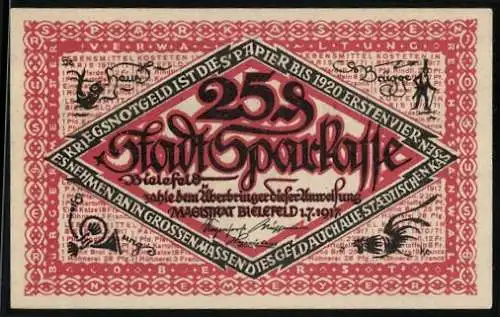 Notgeld Bielefeld 1920, 25 Pfennig, satirisches Gesichtsmotiv, Stadtwappen