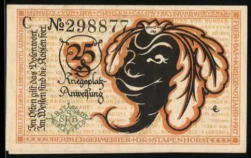 Notgeld Bielefeld 1921, 25 Pfennig, stilisierter Kopf, Seriennummer 298877, Stadtwappen und Inschrift