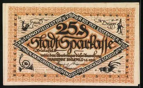 Notgeld Bielefeld 1921, 25 Pfennig, stilisierter Kopf, Seriennummer 298877, Stadtwappen und Inschrift