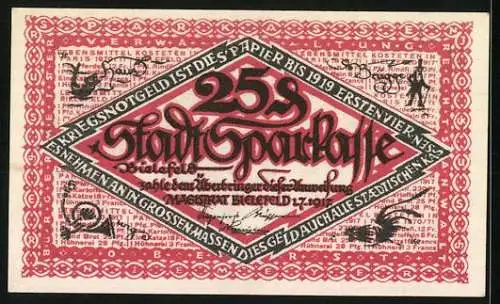 Notgeld Bielefeld 1917, 25 Pfennig, fröhliches Gesicht, Seriennummer B. No 201394, Wappen SRB