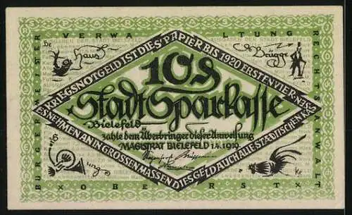 Notgeld Bielefeld 1919, 10 Pfennig, Kohlkopf-Motiv und Textverzierung