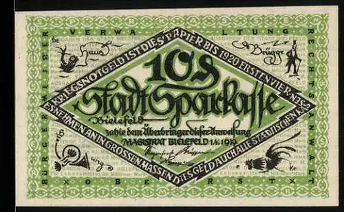 Notgeld Bielefeld 1919, 10 Pfennig, stilisierte Schrift und Rübenmotiv, roter Stempel, Seriennummer