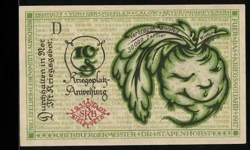 Notgeld Bielefeld 1919, 10 Pfennig, Kohlkopf und Schriftzug, Seriennummer und Wappen