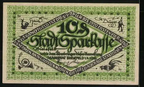 Notgeld Bielefeld 1919, 10 Pfennig, Kohlkopf und Schriftzug, Seriennummer und Wappen