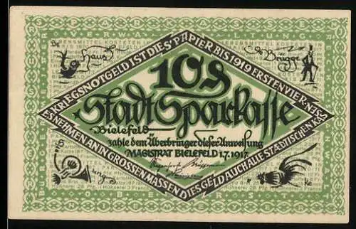 Notgeld Bielefeld 1917, 10 Pfennig, stilisierte Rübe, Seriennummer 154476, Wappen und Schriftzüge