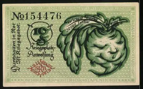 Notgeld Bielefeld 1917, 10 Pfennig, stilisierte Rübe, Seriennummer 154476, Wappen und Schriftzüge