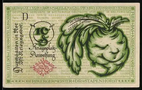 Notgeld Bielefeld 1921, 10 Pfennig, schlafende Rübe und Schriftzüge, Seriennummer und Wappen