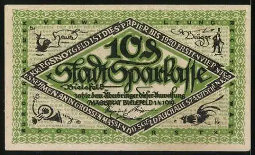 Notgeld Bielefeld 1921, 10 Pfennig, schlafende Rübe und Schriftzüge, Seriennummer und Wappen