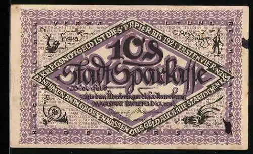 Notgeld Bielefeld 1918, 10 Pfennig, dekoratives Motiv mit Text und Blattgesicht, Seriennummer 118705