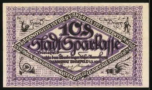 Notgeld Bielefeld 1917, 10 Pfennig, violettes Blattgesicht, Seriennummer 111302, Stadtwappen und Schriftzüge
