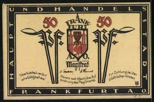 Notgeld Frankfurt an der Oder, 50 Pfennig, Rathaus und Wappen, 1921