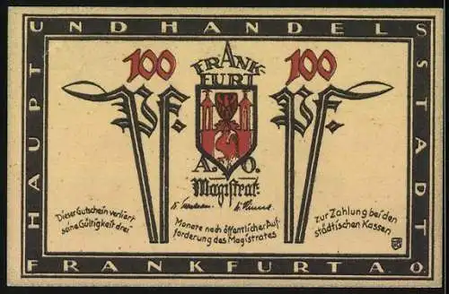 Notgeld Frankfurt a.O., 100 Pfennig, Marienkirche und Stadtwappen, 1921