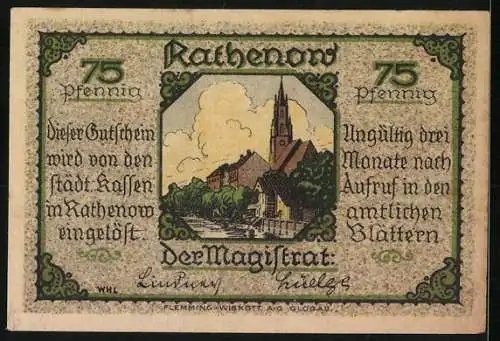 Notgeld Rathenow, 75 Pfennig, Gelehrter und Stadtansicht mit Kirche und Fluss