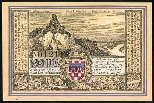 Notgeld Bad Honnef 1921, 50 Pfennig, Rheinlandschaft und Drachenfels, Seriennummer 0121, Wappen