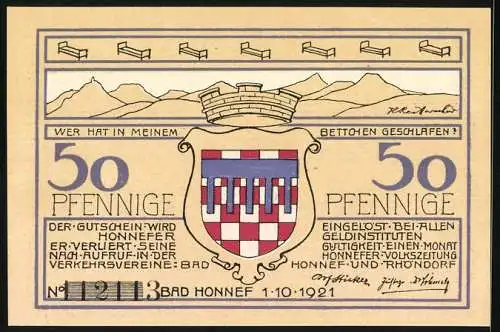 Notgeld Bad Honnef 1921, 50 Pfennig, Strandbad Drachenfels mit Seriennummer und Wappen