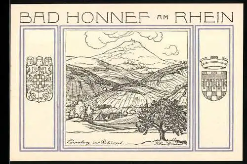 Notgeld Bad Honnef 1921, 99 Pfennig, Landschaft mit Löwenburg und Wappen