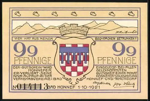 Notgeld Bad Honnef 1921, 99 Pfennig, Landschaft mit Löwenburg und Wappen