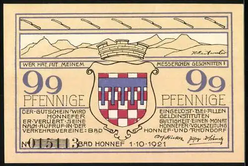 Notgeld Bad Honnef 1921, 99 Pfennig, Karl Emonds Haus, Landschaft, Wappen, Seriennummer 015113