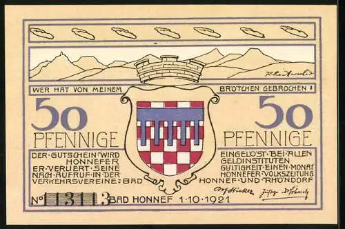 Notgeld Bad Honnef 1921, 50 Pfennig, Ortsansicht und Wappen, Seriennummer 113113