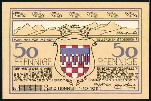 Notgeld Bad Honnef 1921, 50 Pfennig, Landschaft mit Wappen und Bergen, Tellerchen-Motiv