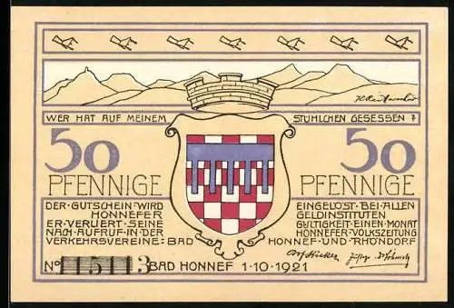 Notgeld Bad Honnef 1921, 50 Pfennig, Landschaft und Stadtwappen, Seriennummer 115113